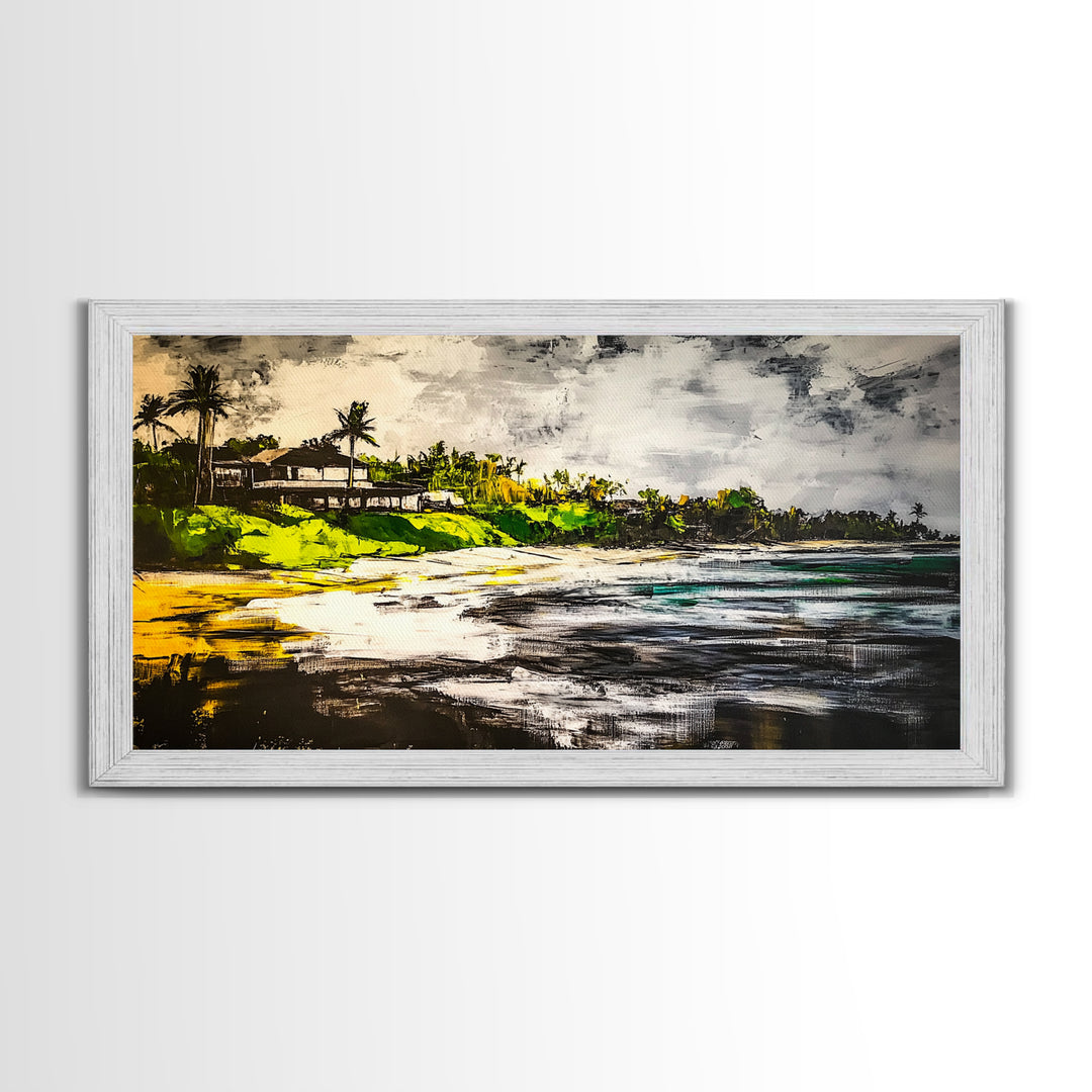 Beach House, Ocean View, Tropical Landscape, Framed Canvas Print, Coastal Art, Beach Wall Decor, Living Room Art, Boho Wall Art