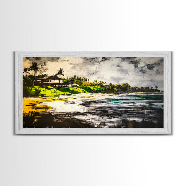 Beach House, Ocean View, Tropical Landscape, Framed Canvas Print, Coastal Art, Beach Wall Decor, Living Room Art, Boho Wall Art