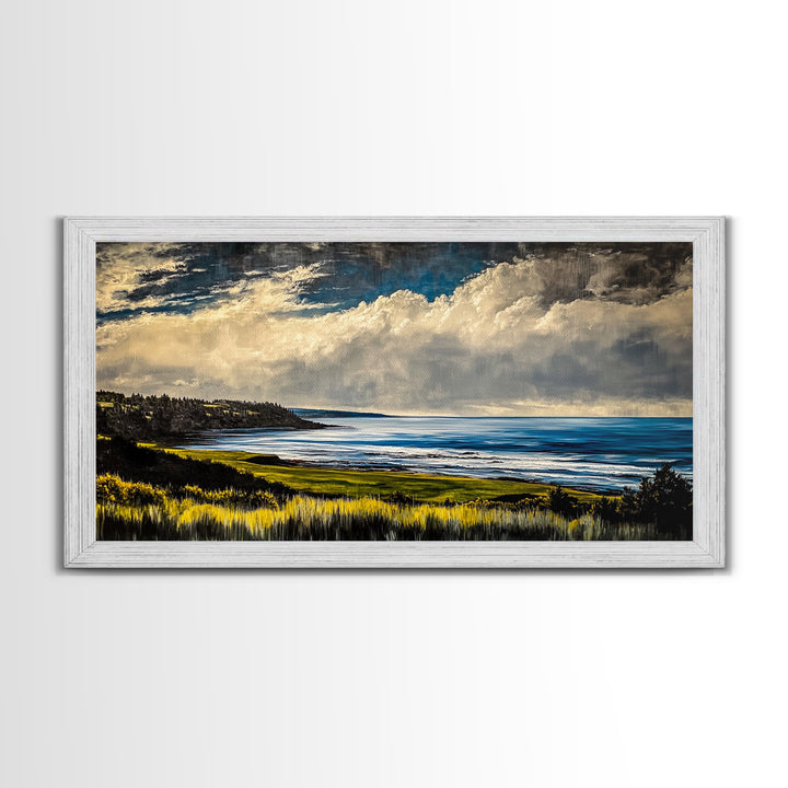 Coastal Bluffs, Ocean Horizon, Cloudy Sky, Framed Canvas Print, Nautical Wall Art, Large Landscape, Living Room Wall Art, Moody Art