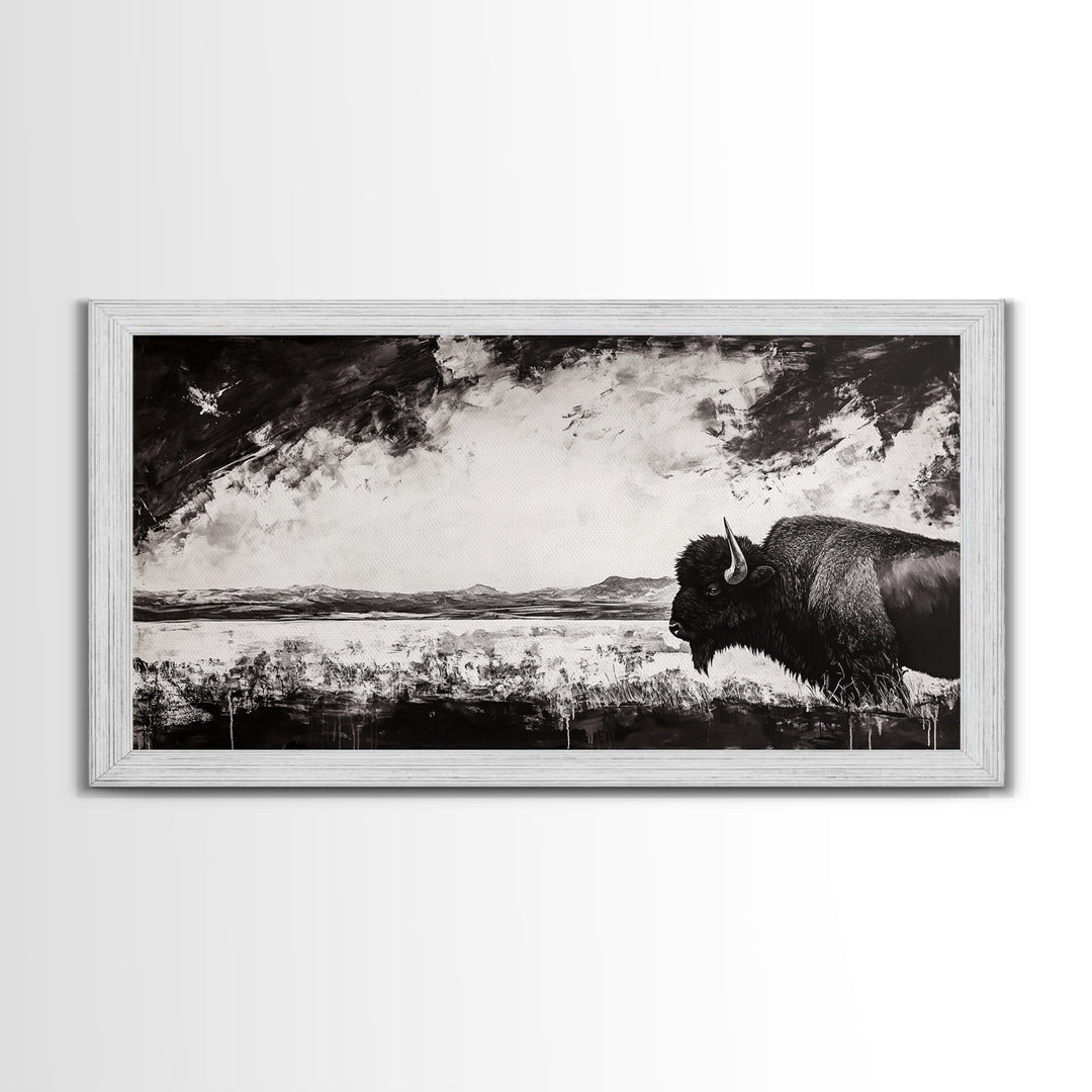 Bison Landscape, Western Art, Black and White Buffalo, Rustic Home Decor, Southwestern Wall Art, Nature Artwork, Framed Canvas Print