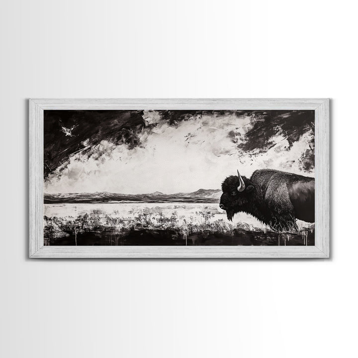 Bison Landscape, Western Art, Black and White Buffalo, Rustic Home Decor, Southwestern Wall Art, Nature Artwork, Framed Canvas Print
