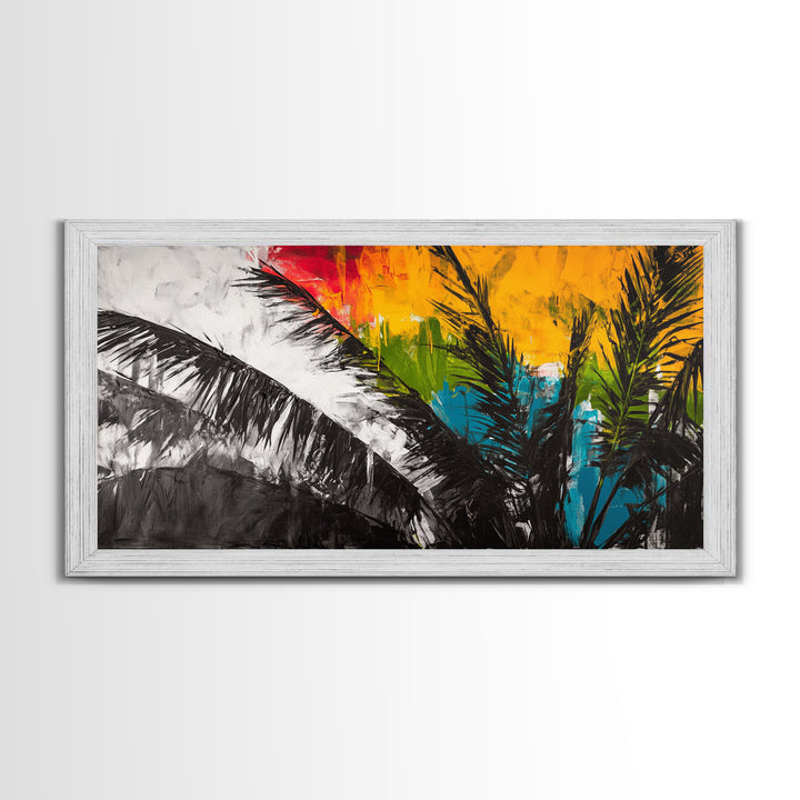 Tropical Palm Leaves, Sunset Art, Beach House Decor, Vibrant Coastal Painting, Island Vibes, Framed Canvas Print, Bedroom Wall Art
