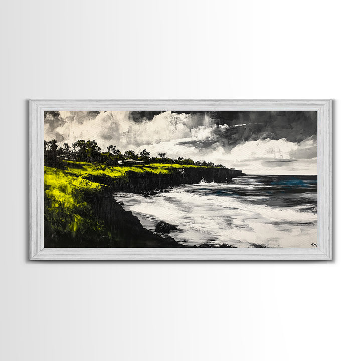 Cliffside Ocean View Landscape, Black and White Seascape, Nautical Wall Decor, Living Room Art, Beach House Scene, Framed Canvas Print