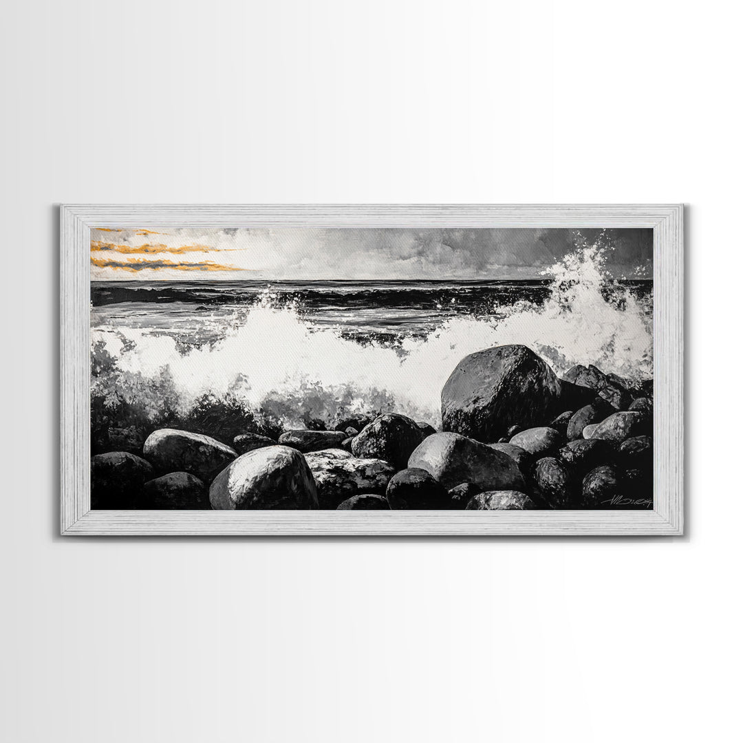 Rocky Shore, Powerful Ocean Waves, Dramatic Black and White Seascape, Coastal Home Decor, Framed Canvas Print, Living Room Accent
