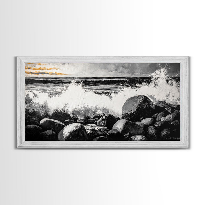 Rocky Shore, Powerful Ocean Waves, Dramatic Black and White Seascape, Coastal Home Decor, Framed Canvas Print, Living Room Accent
