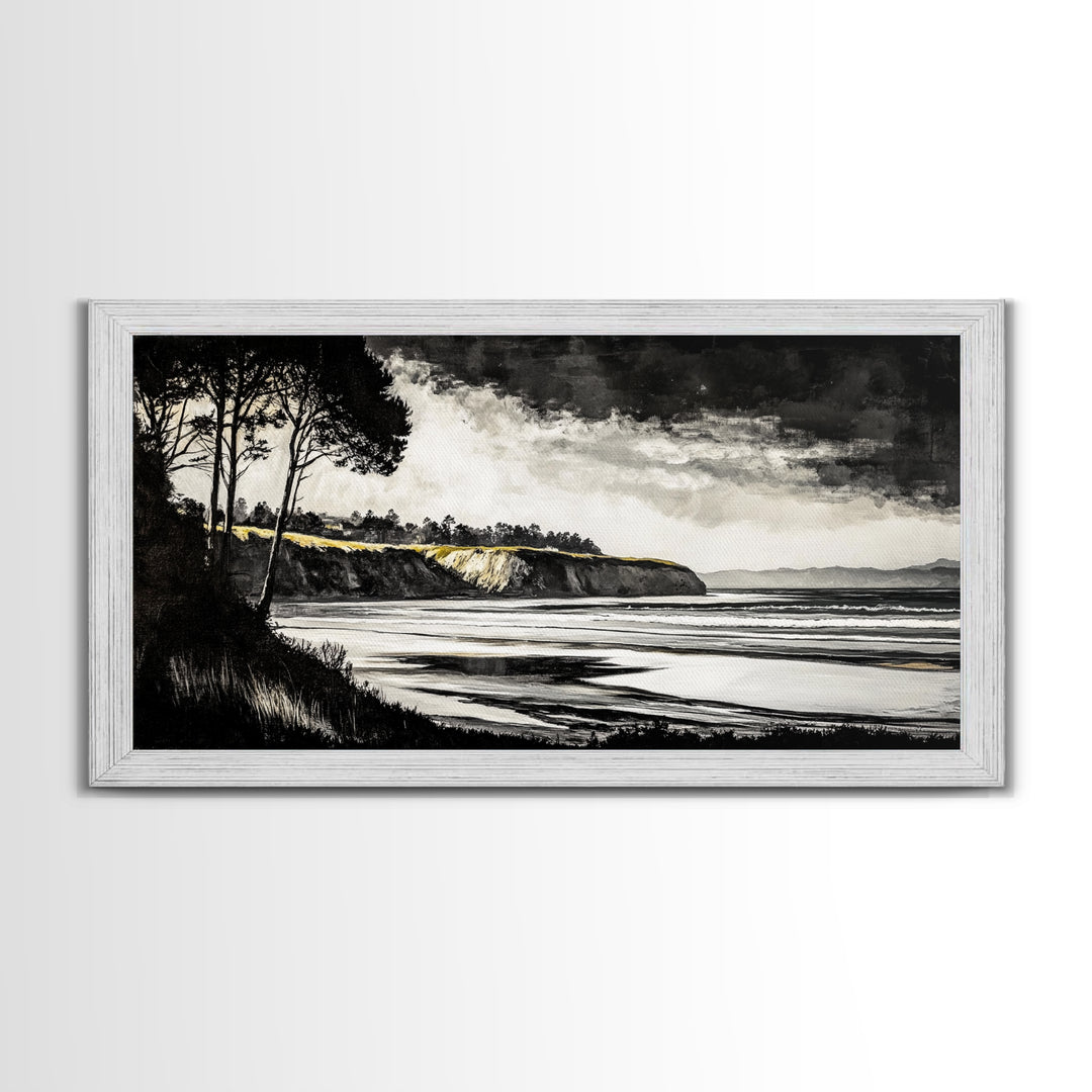 Black White, Coastal Cliffs, Seascape, Large Canvas Print, Ocean Wall Art, Modern Landscape, Minimalist Painting, Nautical Home Decor