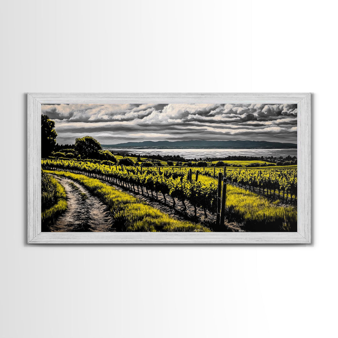 Vineyard View, Rolling Hills, Country Art, Framed Canvas Print, Rustic Landscape, Black White Yellow, Living Room Wall Art, Large Canvas