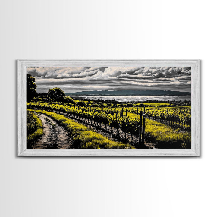 Vineyard View, Rolling Hills, Country Art, Framed Canvas Print, Rustic Landscape, Black White Yellow, Living Room Wall Art, Large Canvas