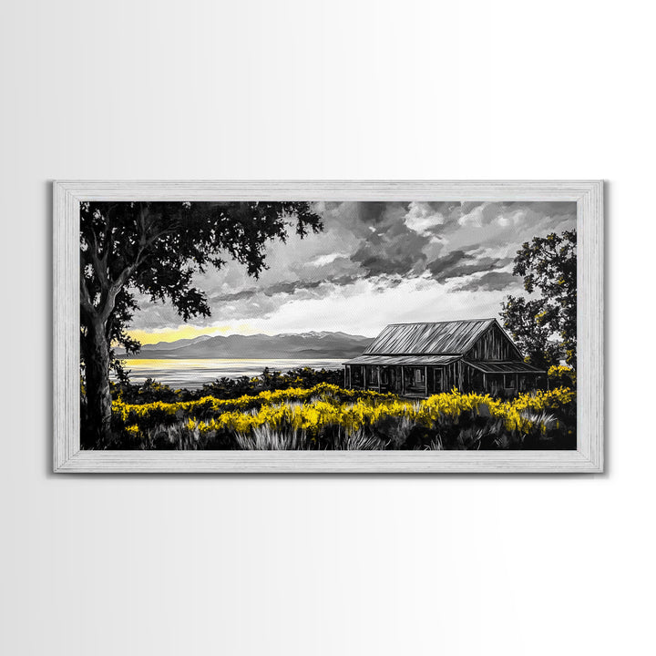 Rustic Cabin, Lake View, Black White Yellow, Large Canvas Print, Country Landscape, Farmhouse Wall Art, Living Room Decor, Framed Artwork