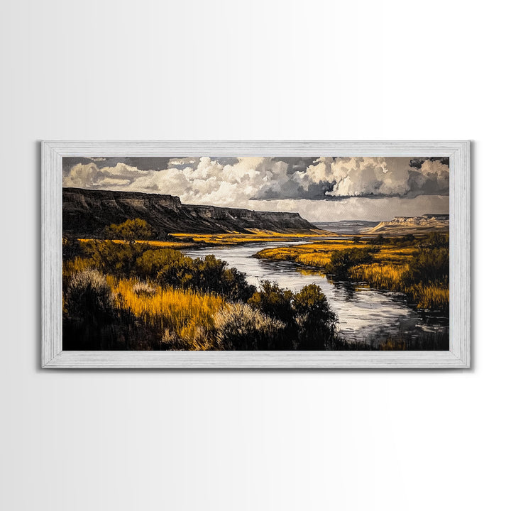 Western River, Rustic Landscape, Southwest Art, Moody Nature Painting, Lodge Wall Decor, Mountain Home Art, Canvas Print, Coastal Print