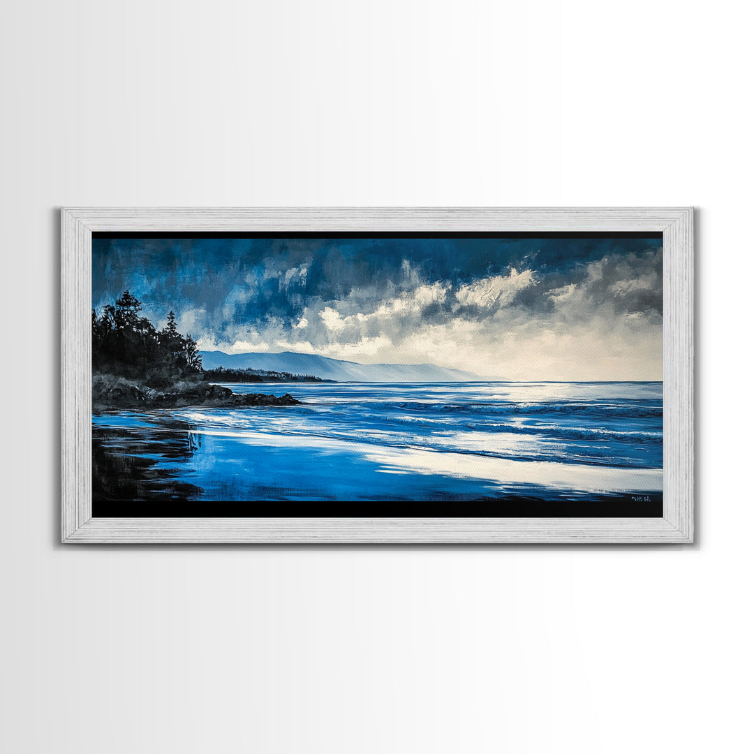 Blue Seascape, Coastal Landscape, Ocean Horizon Art, Serene Beach Painting, Nautical Wall Decor, Living Room Wall Art, Framed Canvas Print
