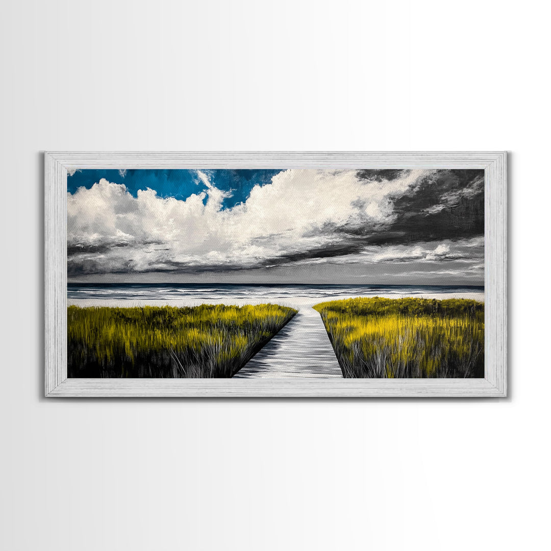 Beach Boardwalk, Coastal Landscape, Black and White Seascape, Nautical Decor, Living Room Artwork, Beach House Scene, Framed Canvas Print