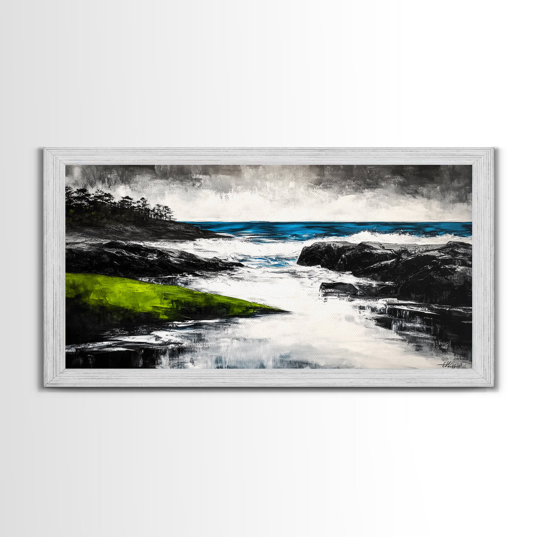 Rocky Shore, Ocean Wave Art, Coastal Seascape, Dramatic Beach Painting, Nautical Home Decor, Modern Coastal Print, Canvas Print