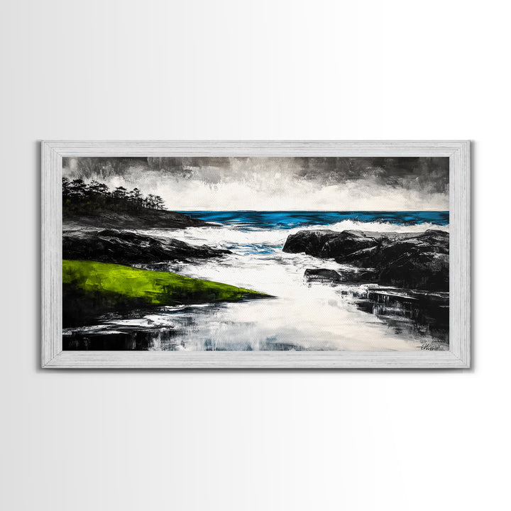 Rocky Shore, Ocean Wave Art, Coastal Seascape, Dramatic Beach Painting, Nautical Home Decor, Modern Coastal Print, Canvas Print