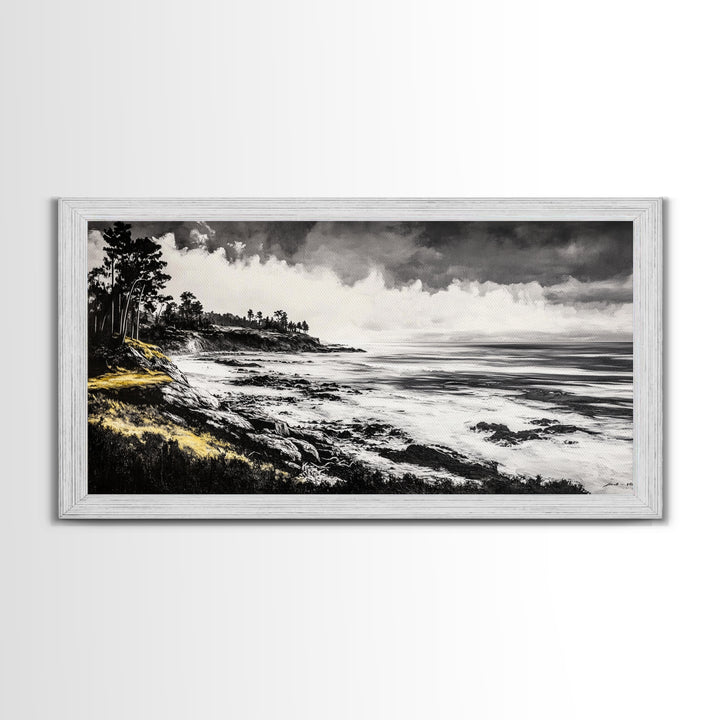Rocky Shore, Monochrome Art, Serene Beach, Canvas Print, Coastal Landscape, Minimalist Art, Office Wall Decor, Nature Inspired Art