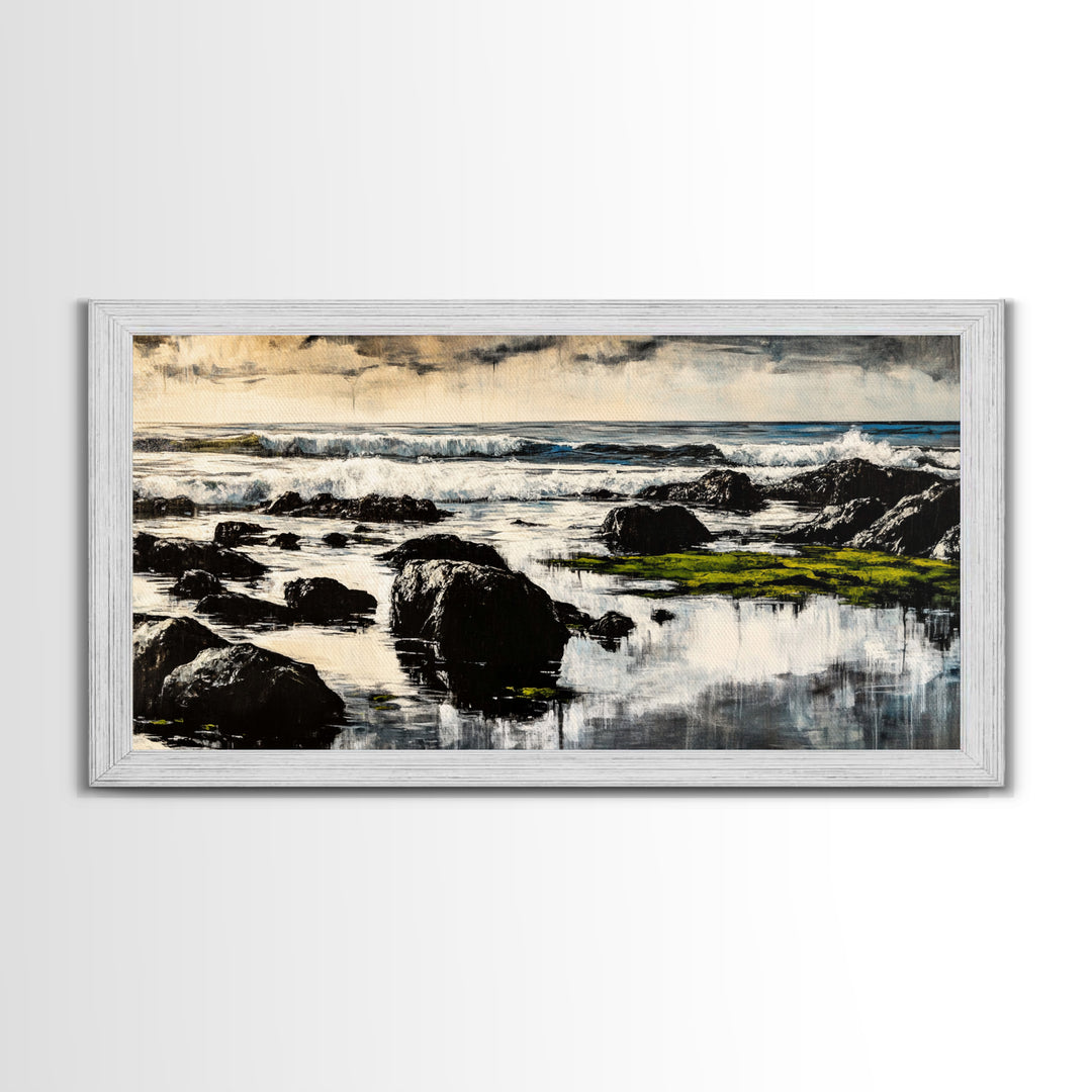 Rocky Coastline, Ocean Waves, Moody Seascape, Canvas Print, Nautical Wall Art, Monochrome Landscape, Bedroom Wall Art, Nature Aesthetic