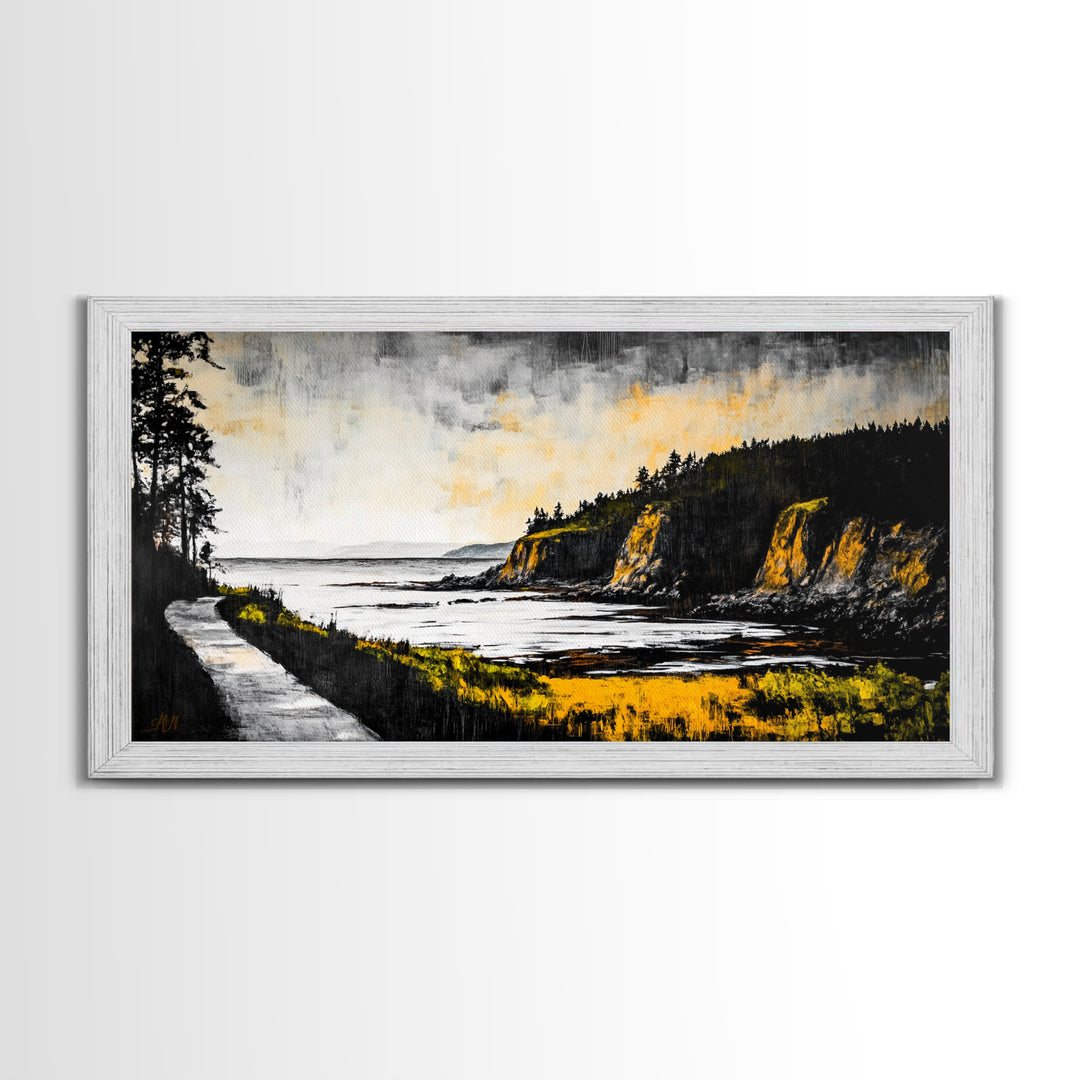 Rugged Shore, Coastal View, Autumn Landscape, Framed Canvas Print, Beach House Art, Living Room Wall Art, Minimalist Seascape Decor