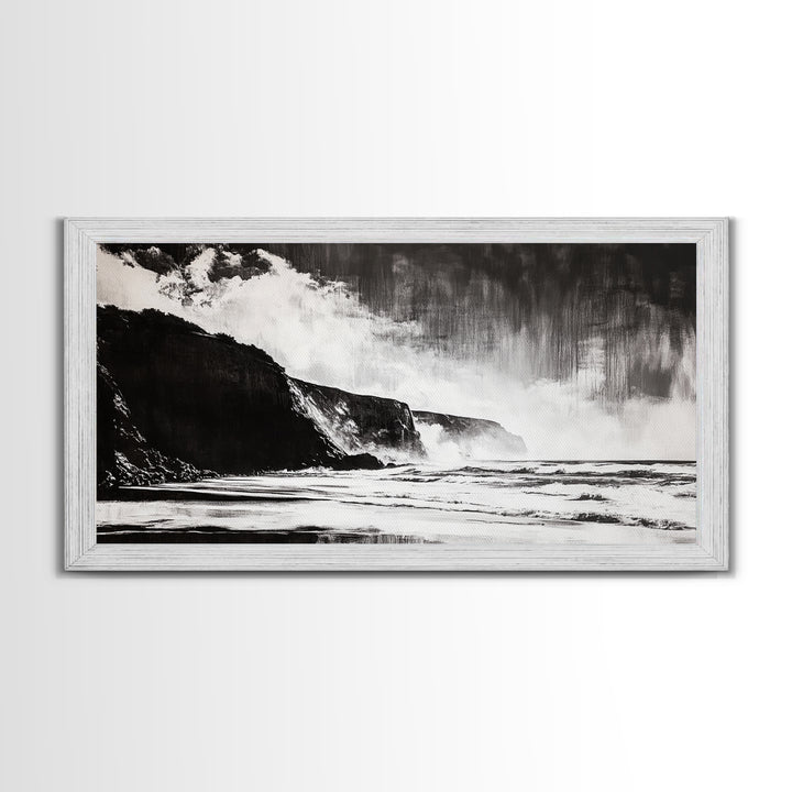Cliffside Beach, Dramatic Seascape View, Framed Canvas Print, Black and White Art, Minimalist Decor, Bedroom Wall Art, Coastal Aesthetic
