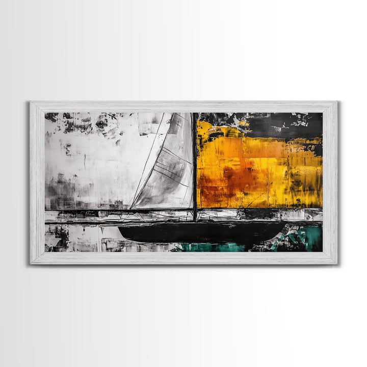 Abstract Sailboat, Nautical Canvas Print, Modern Minimalist Wall Art, Coastal Home Decor, Black and White Painting, Living Room Art