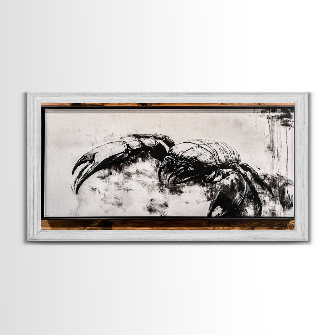 Crab Art, Black and White Coastal Decor, Nautical Wall Art, Beach House Aesthetic, Rustic Framed Canvas Print, Ocean Wildlife Art