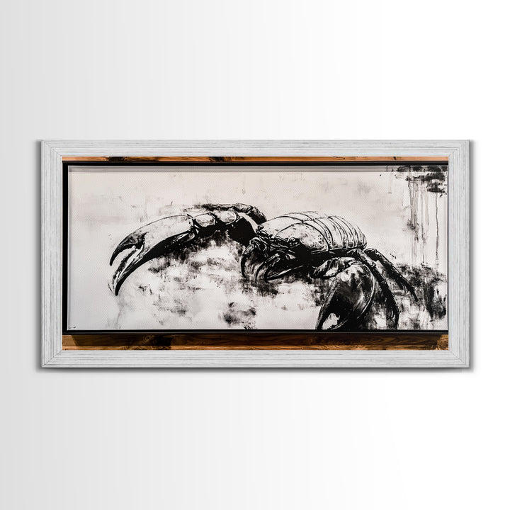 Crab Art, Black and White Coastal Decor, Nautical Wall Art, Beach House Aesthetic, Rustic Framed Canvas Print, Ocean Wildlife Art