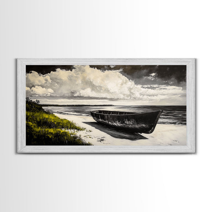 Abandoned Boat, Black White, Seaside Art, Framed Canvas Print, Rustic Beach Decor, Nautical Wall Art, Coastal Print, Office Decor