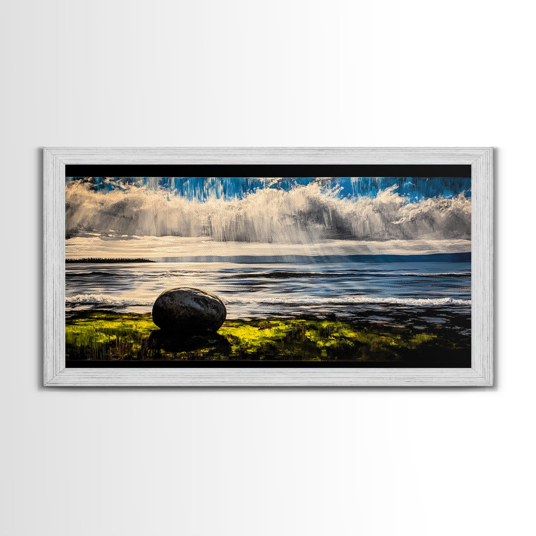 Coastal Rain, Ocean Reflection, Scenic Wall Art, Framed Canvas Print, Serene Nature Print, Landscape Decor, Bedroom Wall Art