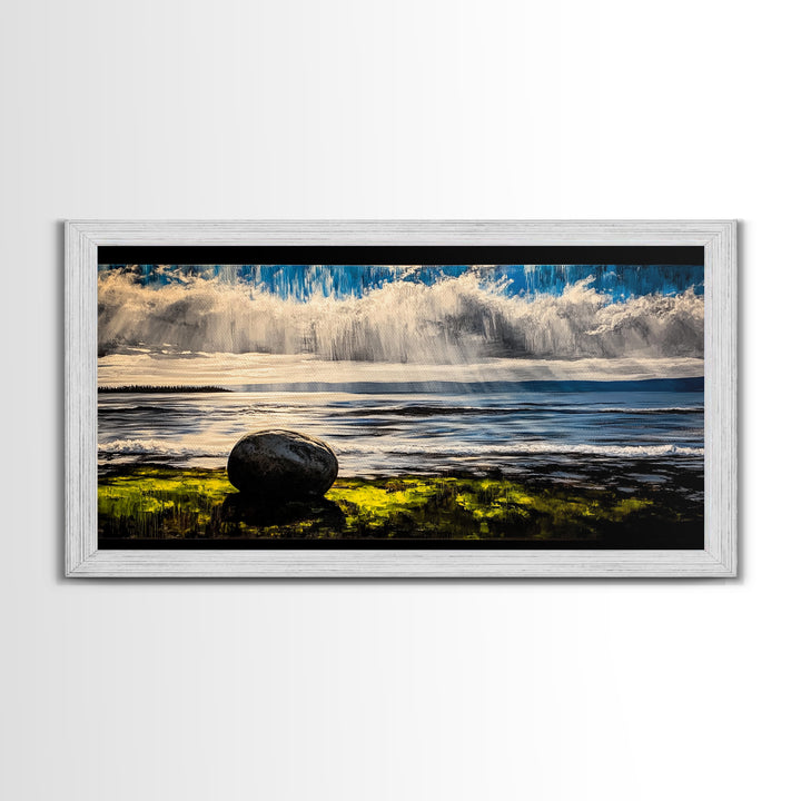 Coastal Rain, Ocean Reflection, Scenic Wall Art, Framed Canvas Print, Serene Nature Print, Landscape Decor, Bedroom Wall Art