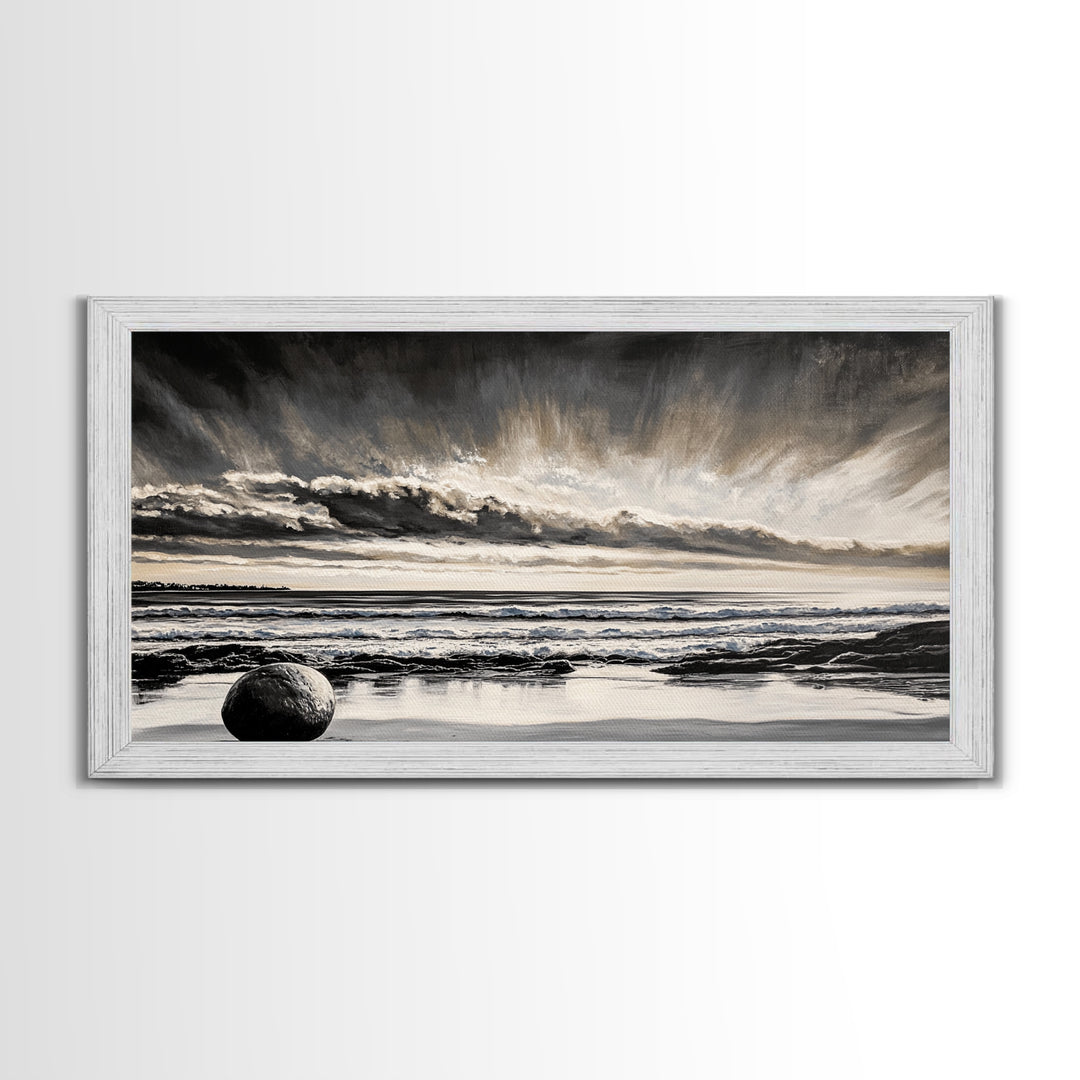 Moody Beach, Black White, Ocean Sunset, Canvas Print, Dramatic Seascape, Coastal Wall Art, Relaxing Home Decor, Living Room Artwork
