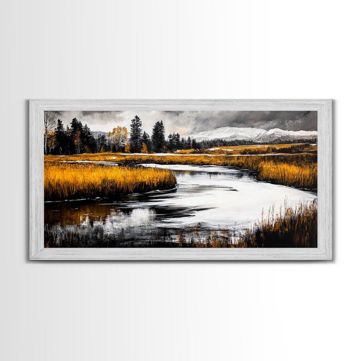 Autumn Landscape, Rustic River Scene, Golden Fields, Nature Wall Art, Farmhouse Style, Cabin Decor, Warm Tones, Framed Canvas Print