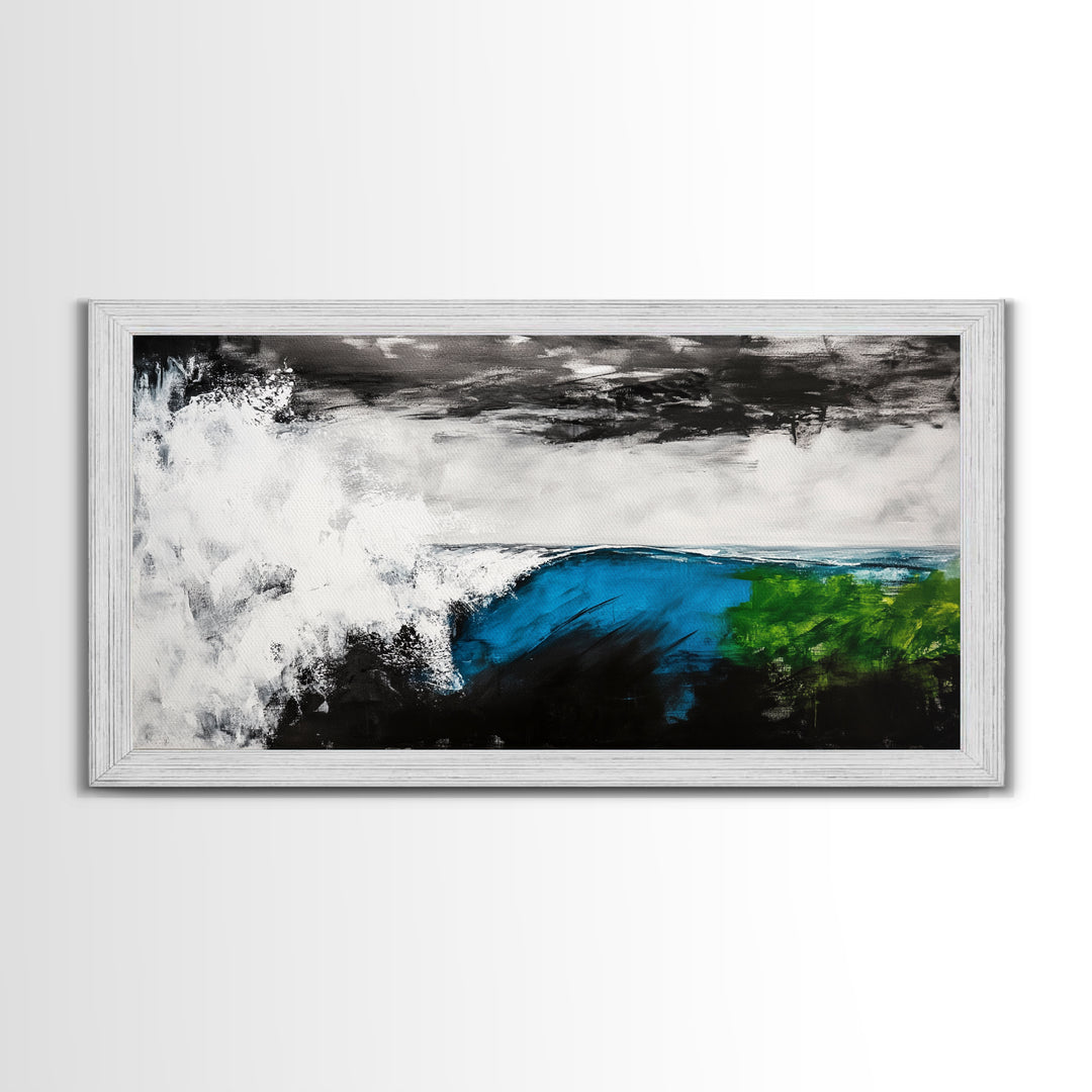 Powerful Wave, Ocean Energy, Coastal Vibes, Modern Abstract, Blue and Green Art, Large Statement, Beach House, Framed Canvas Print