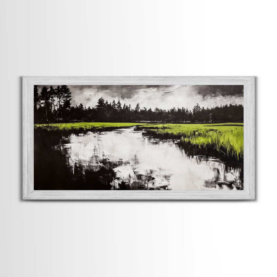River Reflection, Nature Art, Moody Landscape, Modern Canvas Print, Green and Black, Office Wall Art, Minimalist Home Decor, Rustic Art