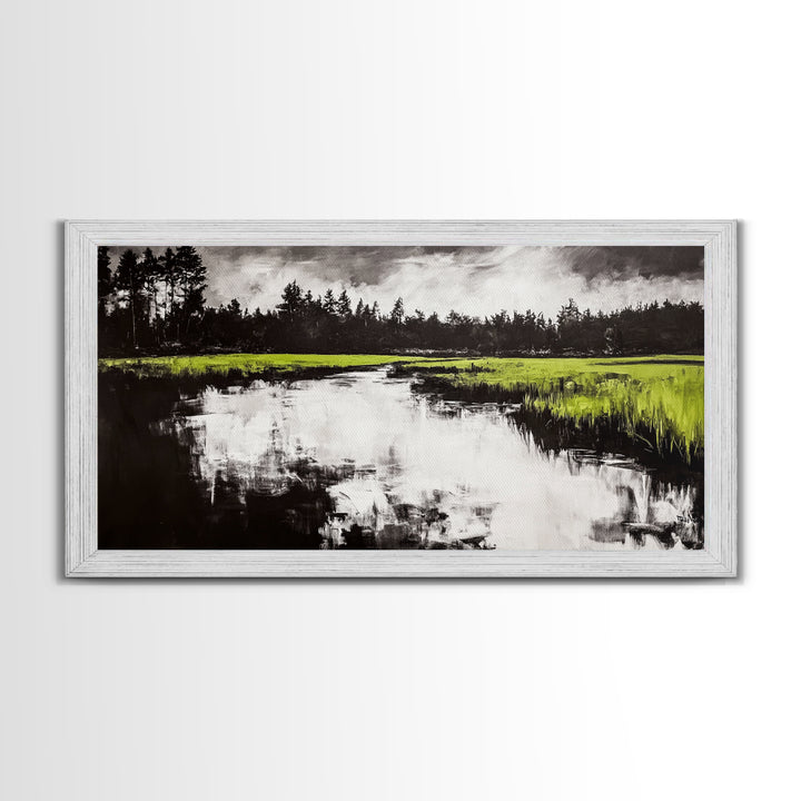 River Reflection, Nature Art, Moody Landscape, Modern Canvas Print, Green and Black, Office Wall Art, Minimalist Home Decor, Rustic Art