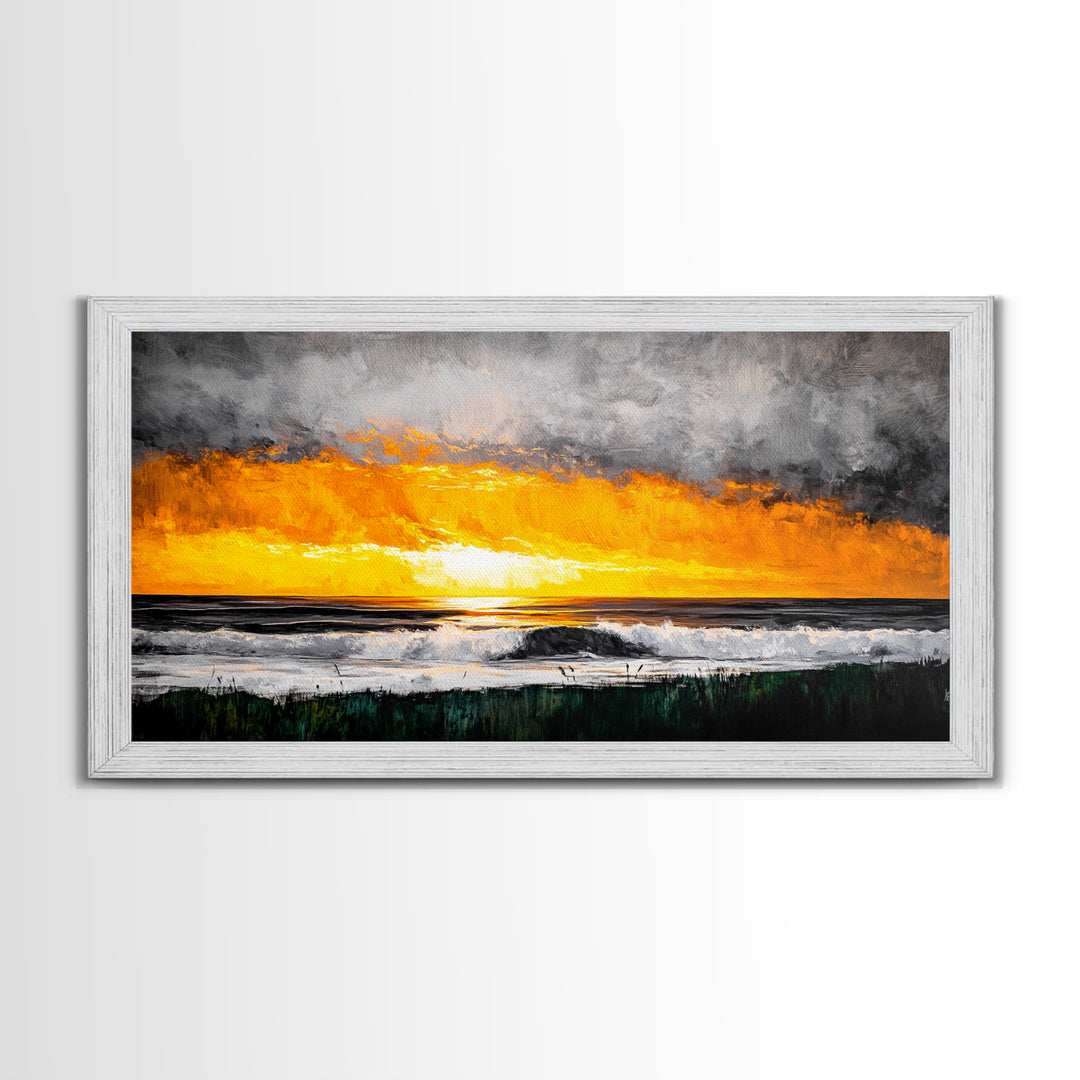 Ocean Sunset, Dramatic Clouds, Beach Waves, Framed Canvas Print, Coastal Wall Art, Living Room Art, Large Wall Decor
