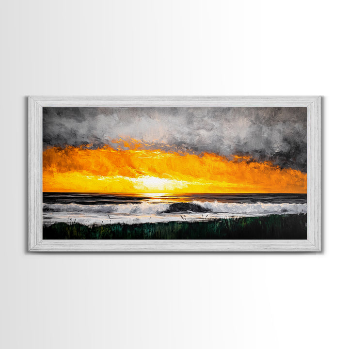 Ocean Sunset, Dramatic Clouds, Beach Waves, Framed Canvas Print, Coastal Wall Art, Living Room Art, Large Wall Decor