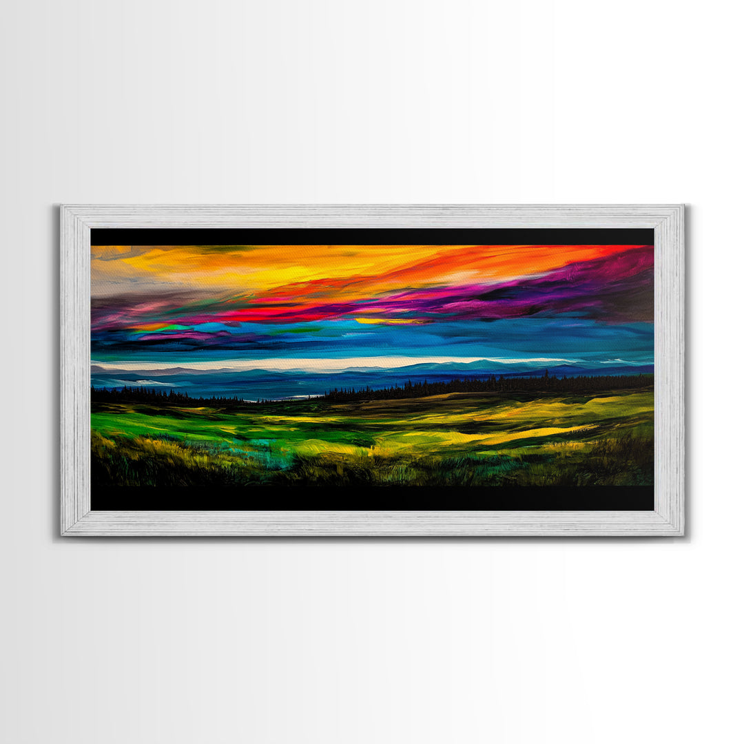 Mountain Sunset, Vibrant Colorful Sky, Nature Painting, Canvas Print, Boho Wall Art, Living Room Wall Art, Large Landscape Decor