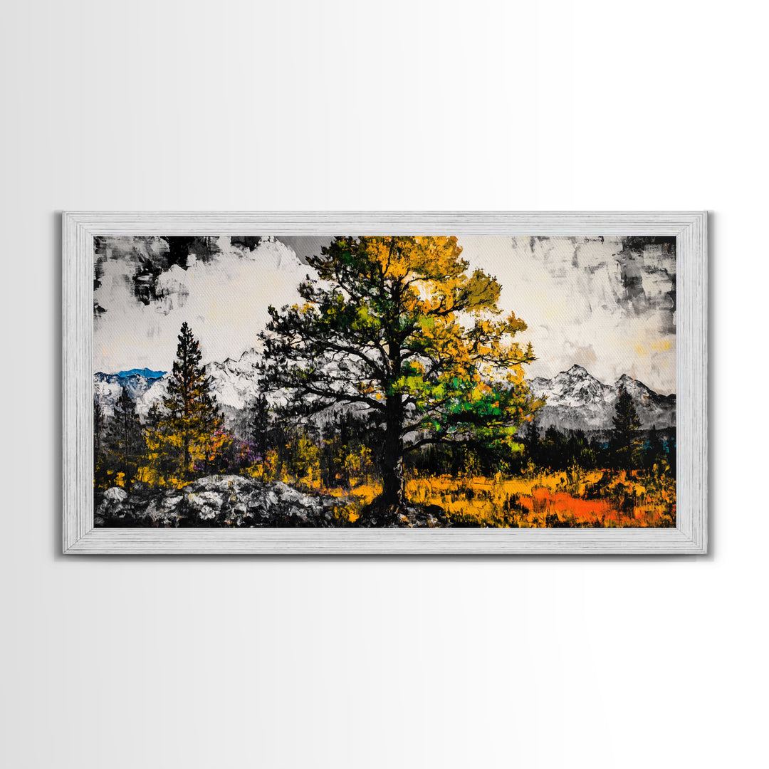 Autumn Tree Art, Mountain Landscape Painting, Fall Wall Decor, Nature Lover Gift, Framed Canvas Print, Rustic Cabin Home Accent