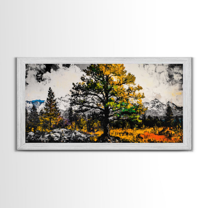 Autumn Tree Art, Mountain Landscape Painting, Fall Wall Decor, Nature Lover Gift, Framed Canvas Print, Rustic Cabin Home Accent