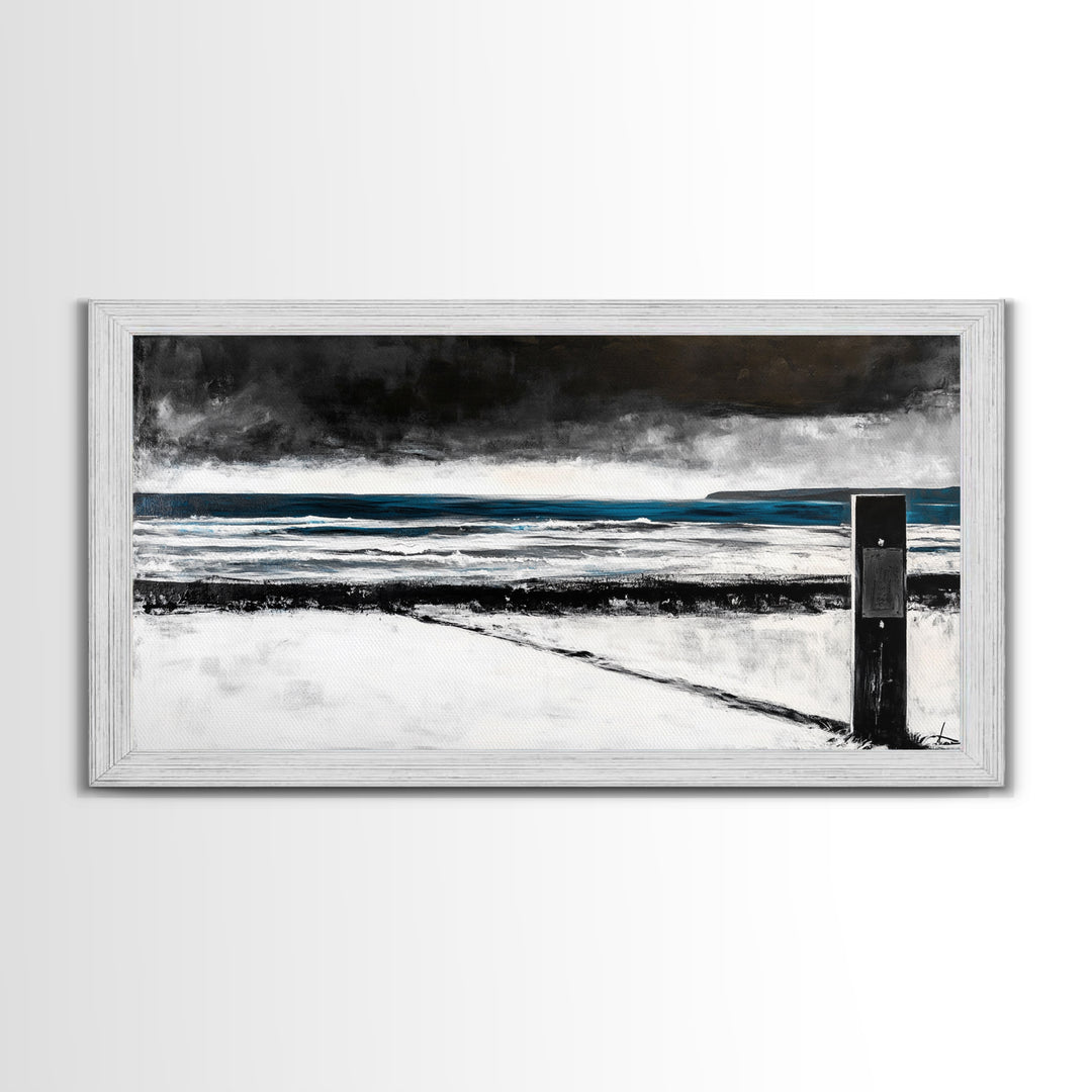 Stormy Beach Scene, Moody Ocean Painting, Coastal Wall Art, Dark Seascape Print, Framed Canvas Print, Dramatic Home Decor