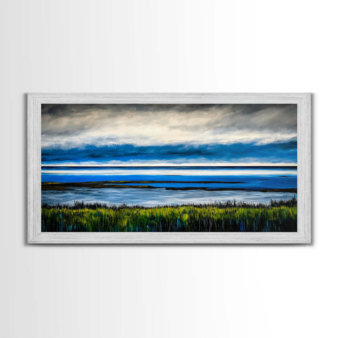 Ocean Horizon, Blue Sky, Coastal, Minimalist, Framed Canvas Print, Seascape Painting, Modern Wall Art, Living Room Decor, Tranquil Scene