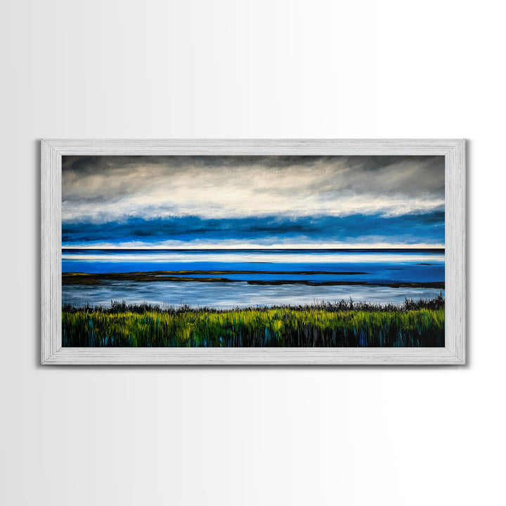 Ocean Horizon, Blue Sky, Coastal, Minimalist, Framed Canvas Print, Seascape Painting, Modern Wall Art, Living Room Decor, Tranquil Scene