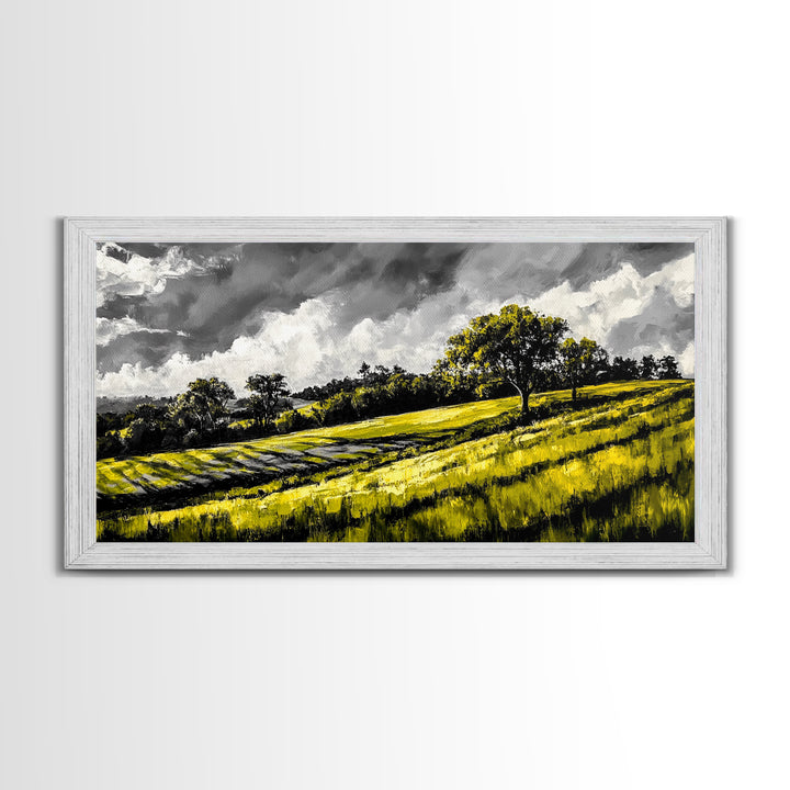 Rolling Hills Landscape, Peaceful Countryside Art, Green Field Painting, Rustic Home Decor, Framed Canvas Print, Serene Wall Accent