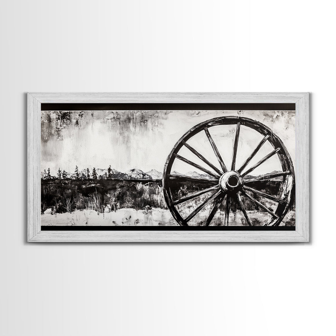 Wagon Wheel, Mountain Landscape, Black and White Western Art, Rustic Home Decor, Framed Canvas Print, Farmhouse Living Room Art