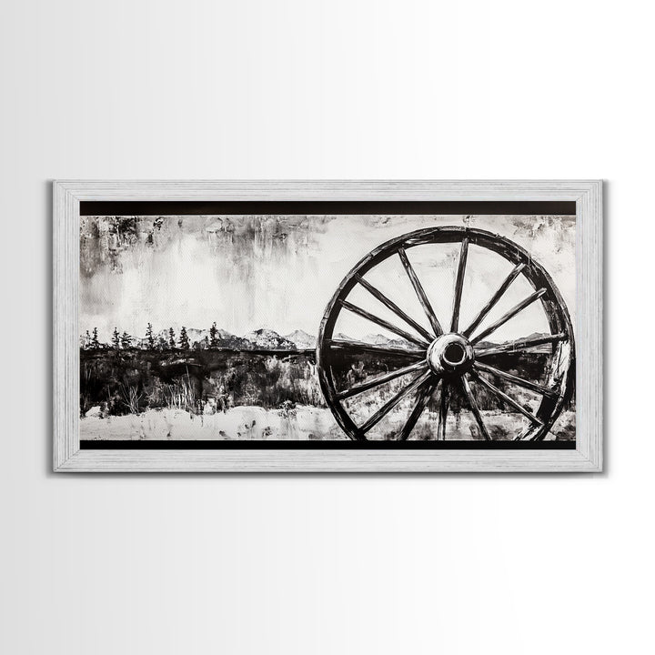 Wagon Wheel, Mountain Landscape, Black and White Western Art, Rustic Home Decor, Framed Canvas Print, Farmhouse Living Room Art