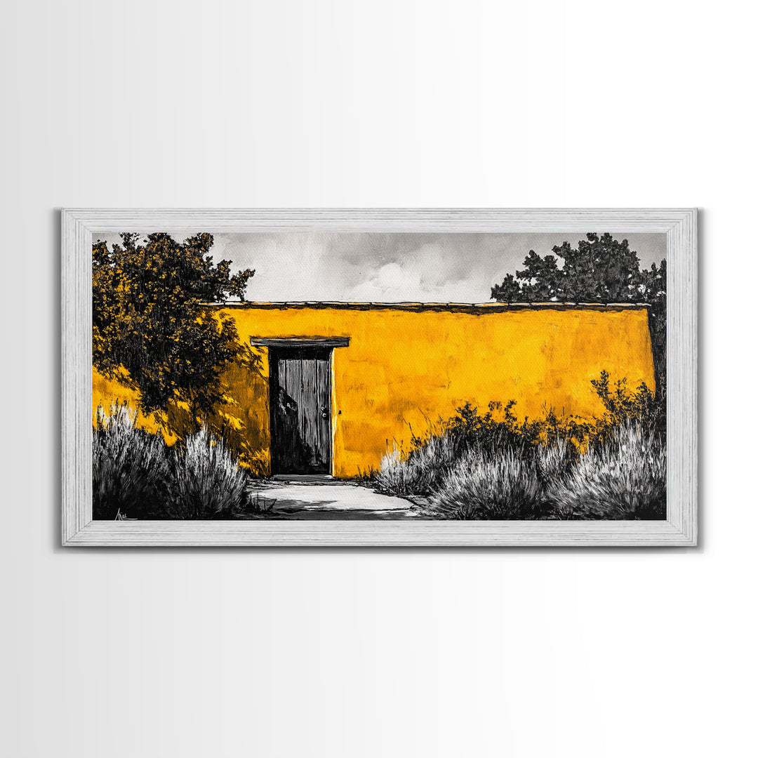 Adobe House, Southwestern Art, Yellow Wall Painting, Rustic Desert Decor, Black and White Canvas Print, Living Room Wall Art
