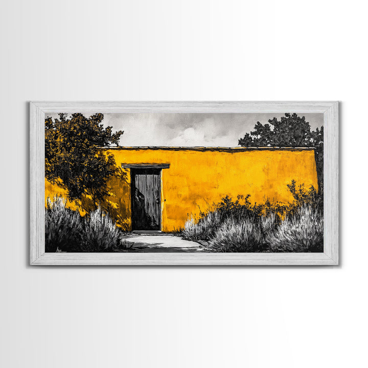 Adobe House, Southwestern Art, Yellow Wall Painting, Rustic Desert Decor, Black and White Canvas Print, Living Room Wall Art