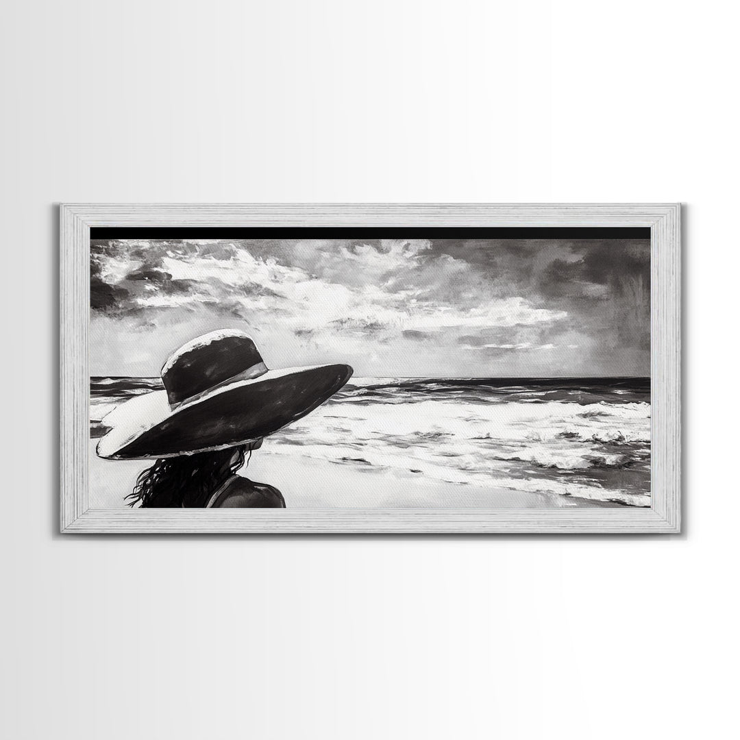 Woman at Beach, Black and White Wall Art, Minimalist Canvas Print, Modern Coastal Decor, Ocean View Art, Living Room Wall Art