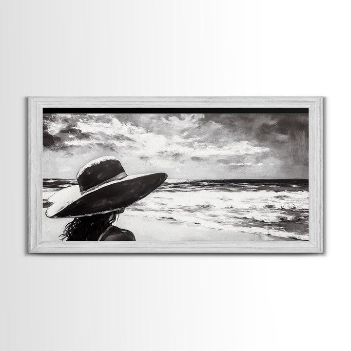 Woman at Beach, Black and White Wall Art, Minimalist Canvas Print, Modern Coastal Decor, Ocean View Art, Living Room Wall Art