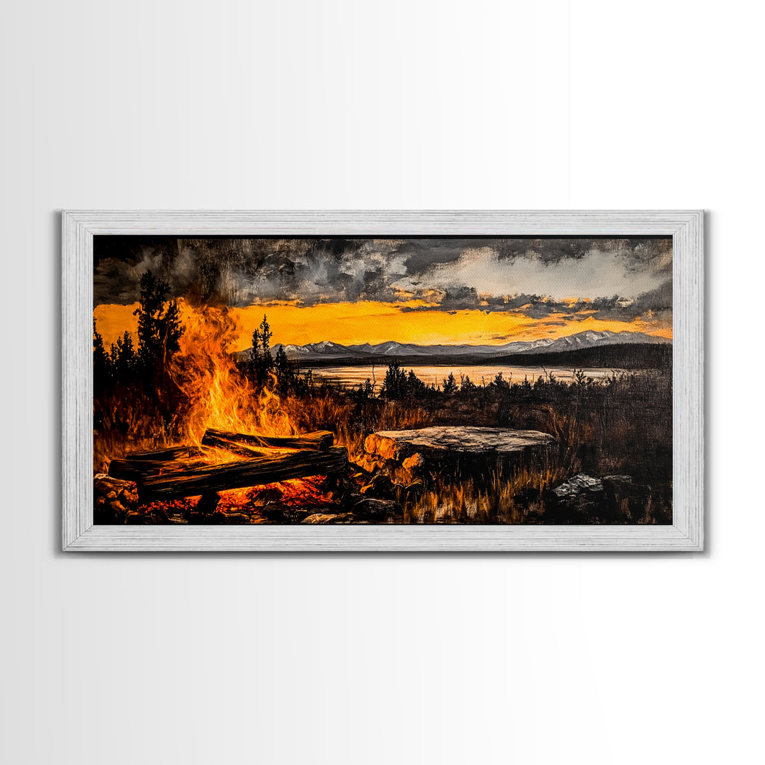 Campfire, Mountain Art, Sunset Landscape, Wilderness Print, Outdoor Wall Art, Adventure Home Decor, Cabin Wall Art, Framed Canvas Print