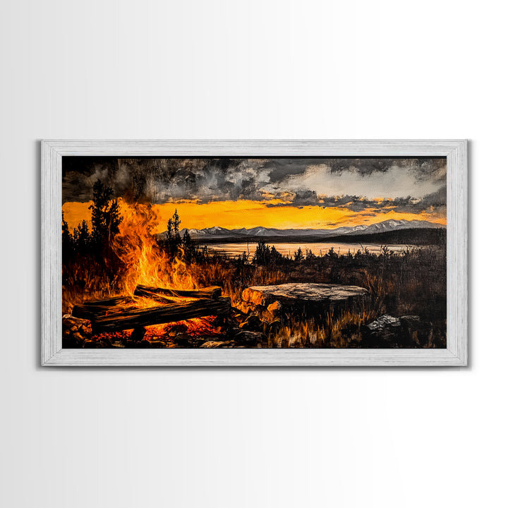 Campfire, Mountain Art, Sunset Landscape, Wilderness Print, Outdoor Wall Art, Adventure Home Decor, Cabin Wall Art, Framed Canvas Print